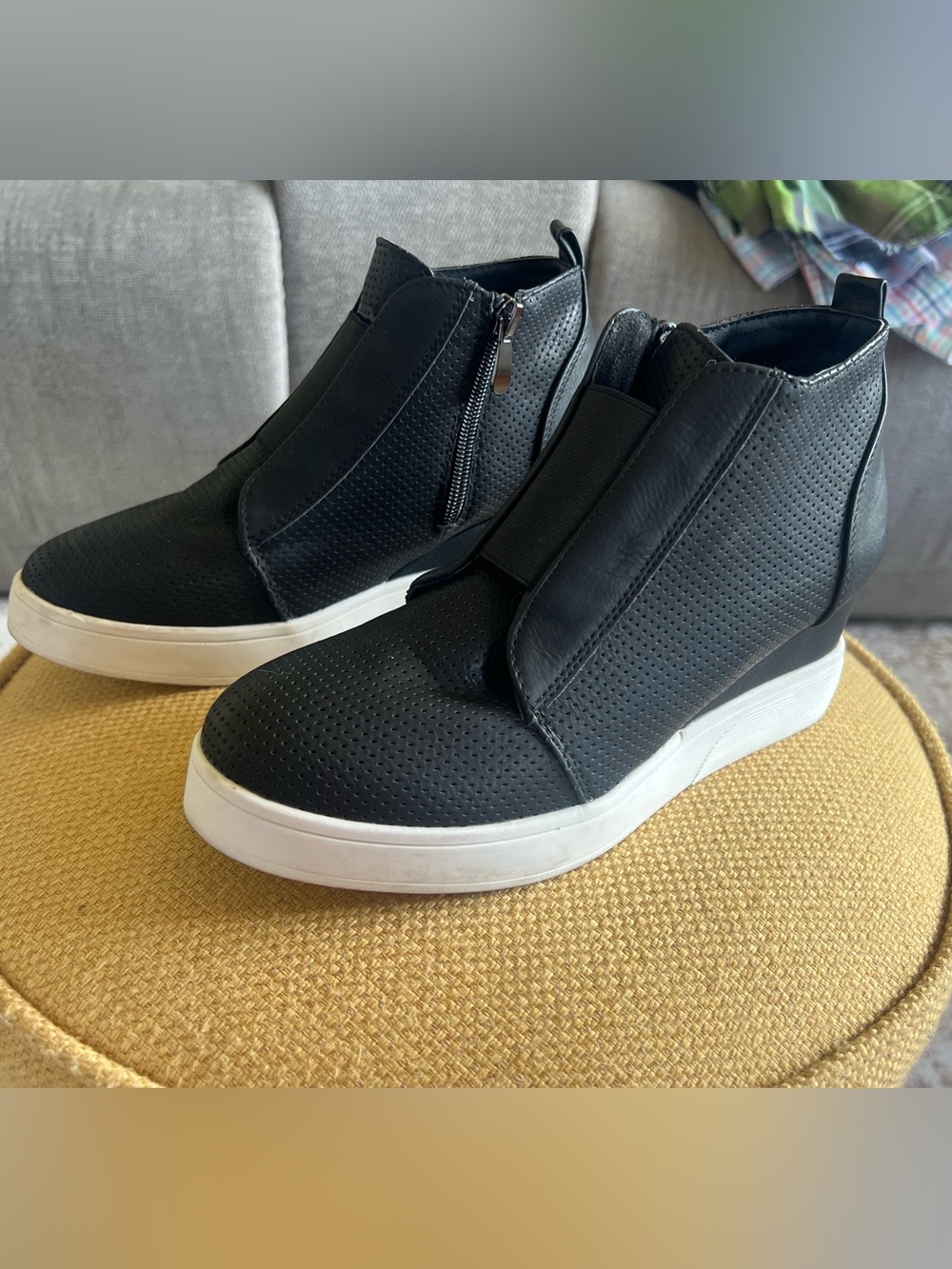 Trendy boutique Black Perforated Wedge Sneaker with White Sole